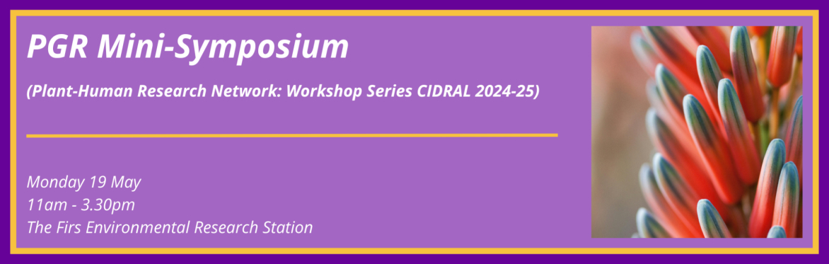 Promotional image for the event PGR Mini-Symposium, with date, time and location on a purple background, and an image of a plant