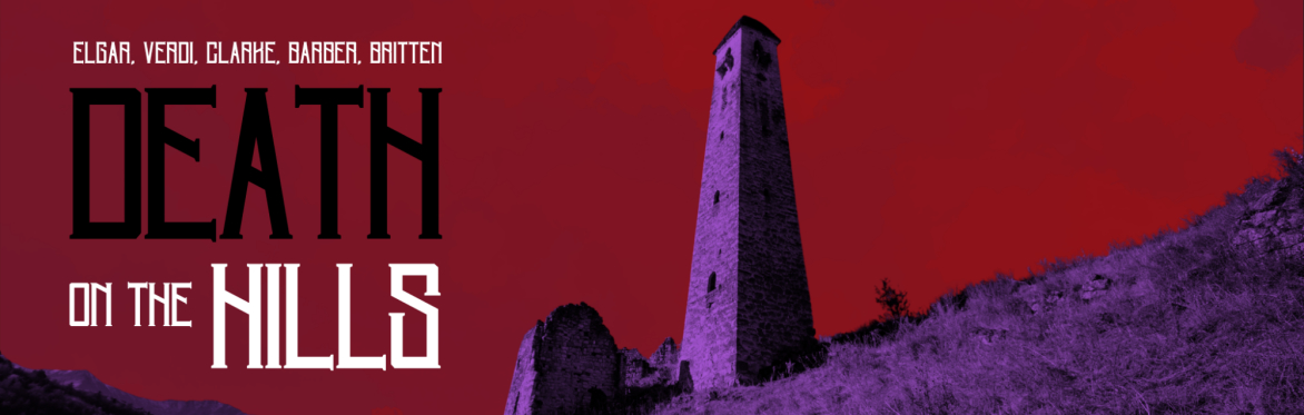 A purple tower looms against a blood red backdrop, with the text "Death on the Hills" in a gothic black and white font.