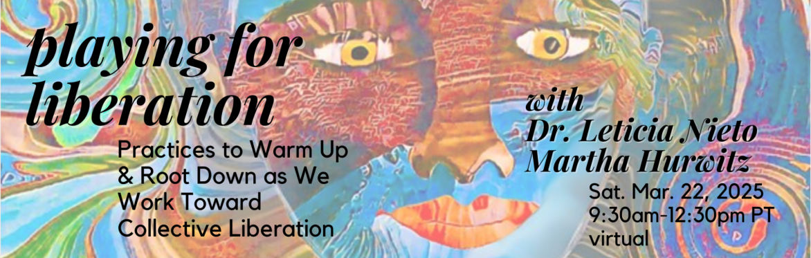 Black text announcing the workshop on a background of an abstract multi-color painting of a face.