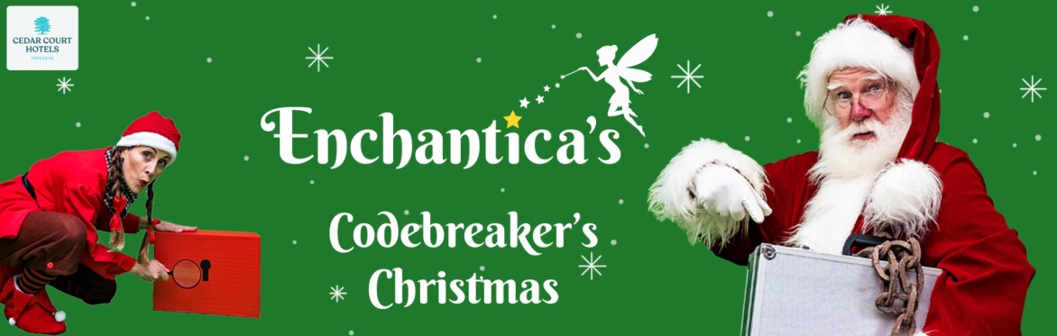 Enchantica's Codebreaker's Christmas - Father Christmas pointing to a locked briefcase and Tinsel the Elf looking at a keyhole.