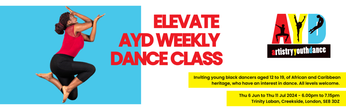 Young black person in a red leotard and black leggings jumping with their knees bent in front of them and hands placed around the head. Text Reads: Elevate AYD Weekly Dance Class