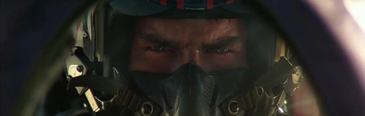 Close up of Maverick wearing helmet.