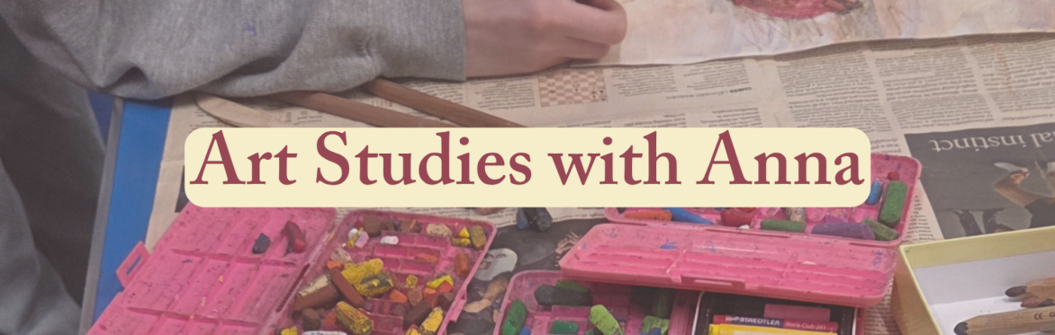 Art Studies with Anna text on background image of art supplies on newspaper