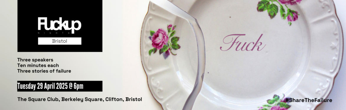 A banner image with event details and with a plate with the word 'Fuck' written on it