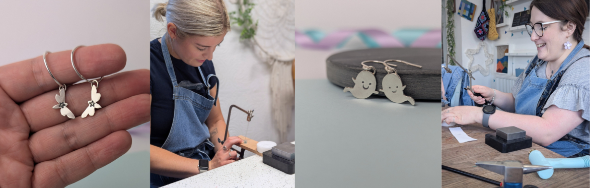 The banner shows 4 photos. 2 of silver heart earrings and 2 of people making jewellery