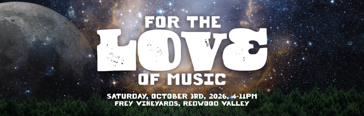 The words "For the Love of Music" are centered over an image of a night sky filled with a starry galaxy and the moon with a tree line in the foreground.