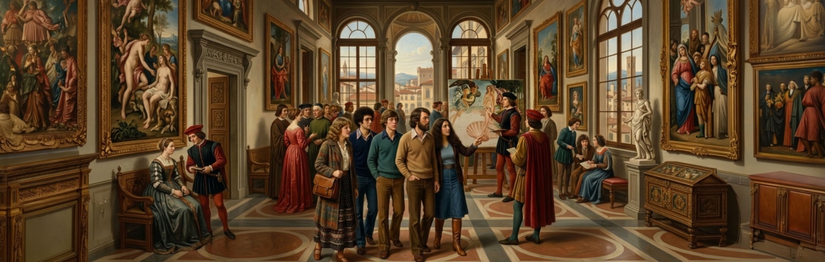 Illustration of mid-1970s college students exploring the Uffizi Gallery while Botticelli paints The Birth of Venus, celebrating the reunion's return to Florence.