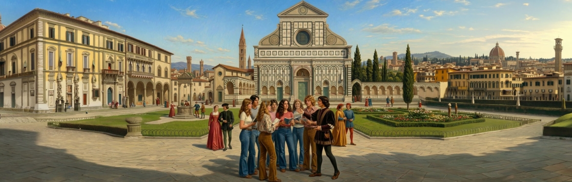 Classmates gather in front of Santa Maria Novella as a local guide introduces a walking tour exploring Florence's historic landmarks and hidden treasures.