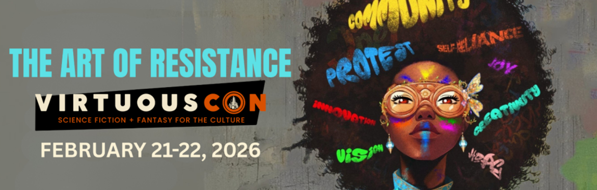 Virtuous Con banner with woman with afro with colorful words in her hair