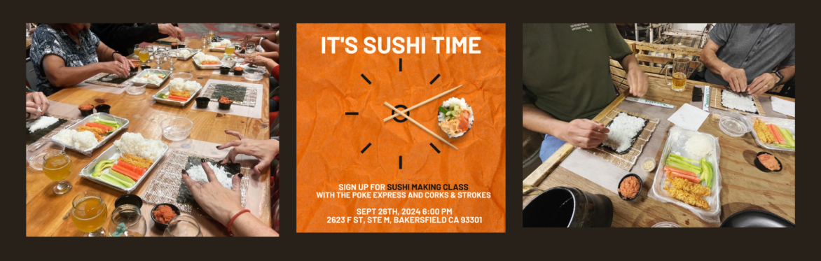 It's sushi time clock with images of people making sushi rolls