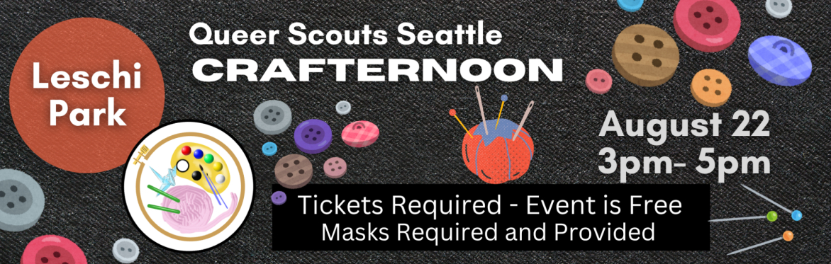 Multicolored buttons on a black denim background. Crafternoon lofo to the left and tomato pincushion in the center with additional pins in the bottom right. Text in event description.