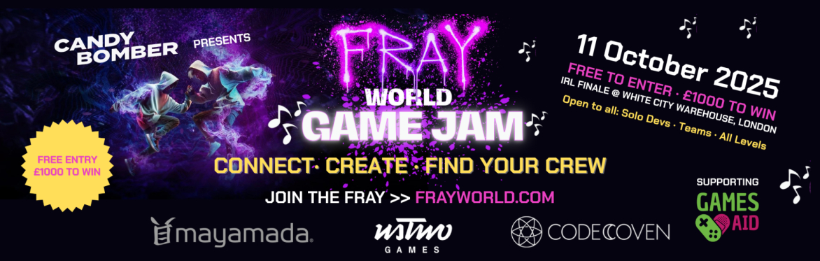 Wide neon banner for FRAY World Game Jam, 4–11 Oct 2025. Free entry, £1000 prize. London + Discord. Open to solo devs and teams at all levels.