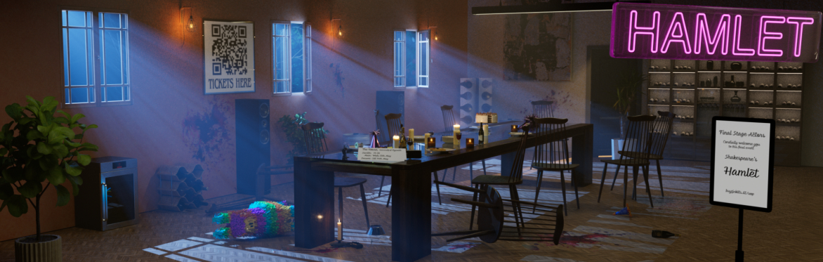 A ruined party, with a large table, at its centre. Chairs astrewn, beaming moonlight cascades through the windows. Empty wine is left all over plus a gun, on the floor and blood spatters and spills.