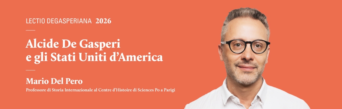 Fotografia di Mario del Pero su sfondo arancione. lui è posizionato a destra e sulla sinistra ci sono delle scritte "Alcide de Gasperi e gli Stati Uniti d'America"