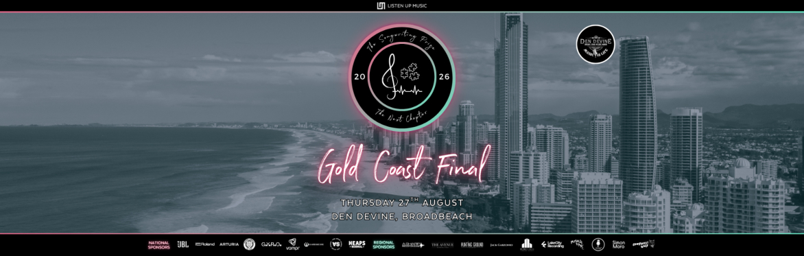 Picture of The Songwriting Prize logo with the text "Gold Coast Semi Final" on a background image of the Gold Coast