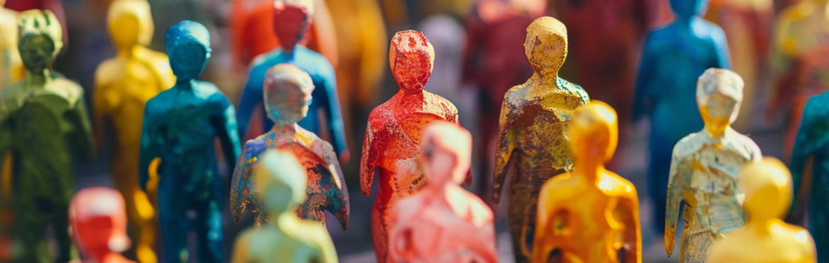 Abstract human figures painted in multiple colors (red, yellow, blue, green), with a textured appearance, standing close to each other.