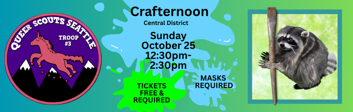 Text in event description. Blue to green ombre background with blue and green pain splatters. Seattle Queer Scouts logo on left. Jimothy raccoon holding a paintbrush on right.