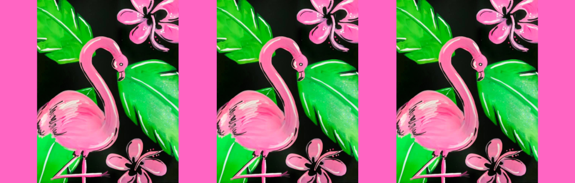 3 repeats of same image of a graceful pink flamingo stands among lush tropical leaves, with vibrant colors and playful details creating a bright and cheerful scene.