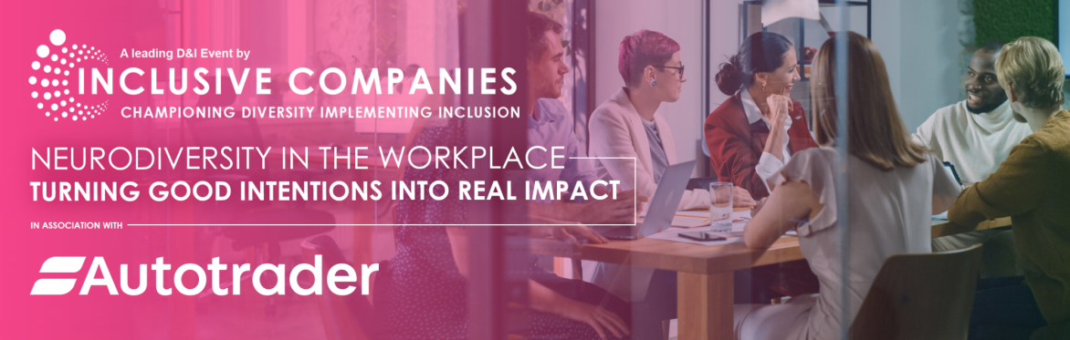 Stylised stock image of diverse people in a meeting behind glass wall with layered Inclusive Companies Branding