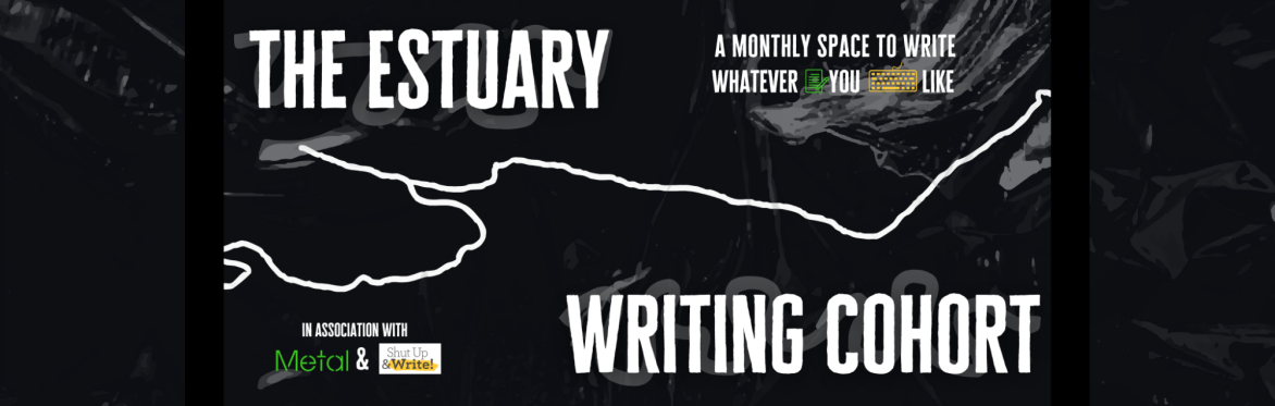 A black background has a line overlay of the Essex coastline from Castle Point to Shoebury, on top of which is overlaid the words 'The Estuary Writing Cohort' in white letters.