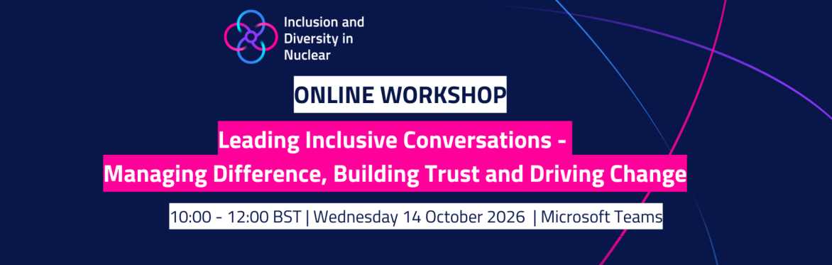 Promotional graphic for an online workshop titled "Leading Inclusive Conversations: Managing Difference, Building Trust and Driving Change", taking place 10:00-12:00 BST on Wednesday 14 October 2026
