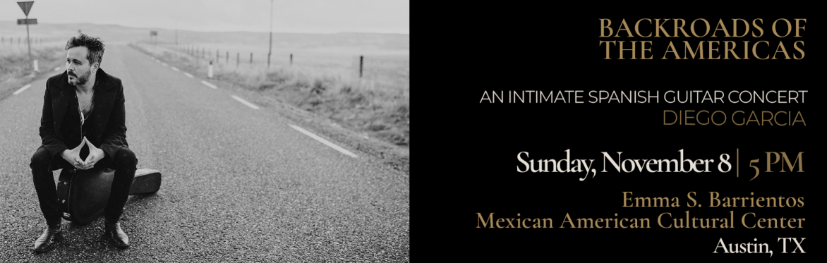Black-and-white promotional image of Spanish guitarist Diego García seated on his guitar case in the middle of an empty rural road.