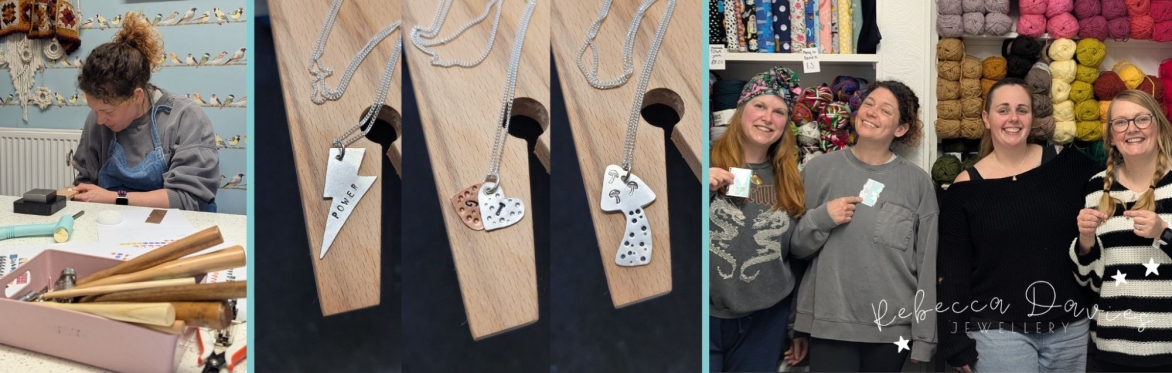 Banner image showing 1. A woman sawing. 2. A trio of handmade necklaces made by students. and 3. A group photo of participants showing their jewellery.
