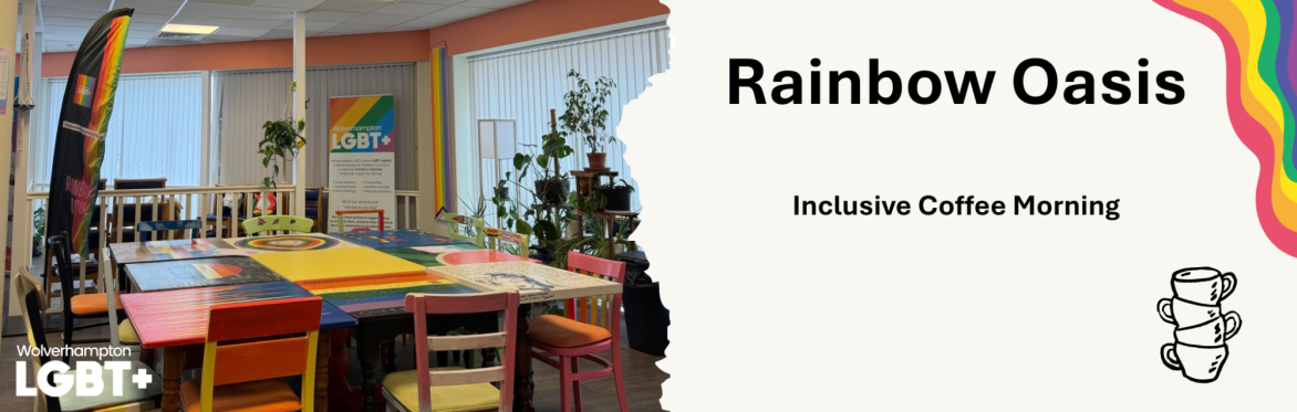 An image showing the event venue, with brightly decorated tables and chairs in the pride colours. There are a variety of plants in the background as well as banners representing the WLGBT+ charity.
