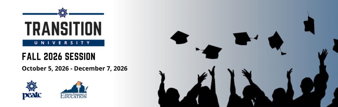 students with graduation caps with the Transition University Logo and PEATC and Virginia Department of Educaiton logo