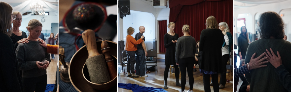 A montage of photos of ritual participants standing, moving and connecting.