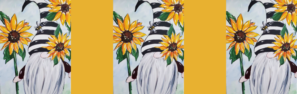 3 repeats of same image of a charming gnome wearing a striped hat stands beside bright sunflowers, creating a warm, cheerful, and whimsical garden scene.