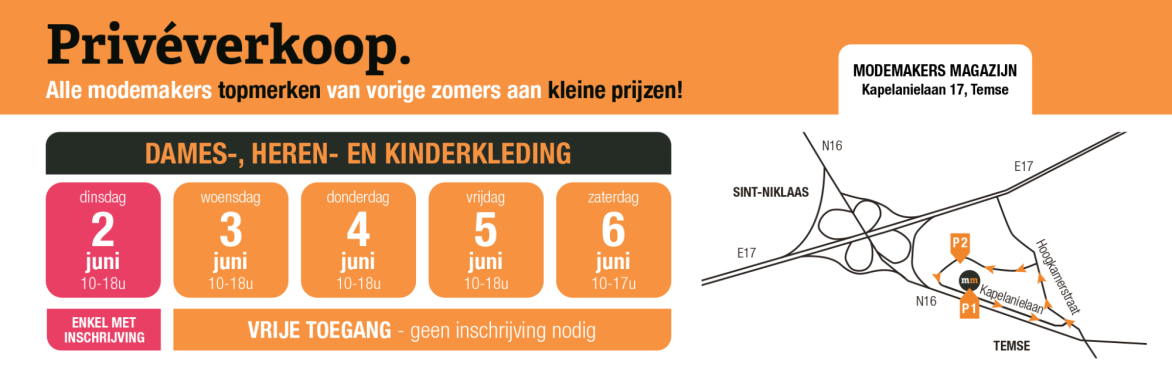 Privéverkoop modemakers - dames-, heren- en kinderkleding van di 4 t.e.m. za 8/11