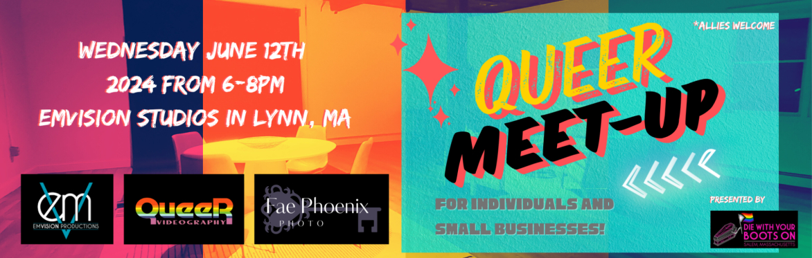 Brightly covered event cover image reads "queer meet-up" and gives descriptions about the event.
