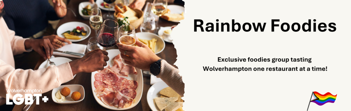 a full dinner table with meals and drinks with the text "Rainbow Foodies"