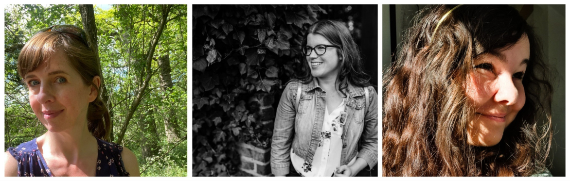 Laura has fair hair and is standing outside with trees behind her; Laura has dark, curly hair and is smiling; Jen is wearing spectacles and smiling - she is standing next to an ivy-covered wall.