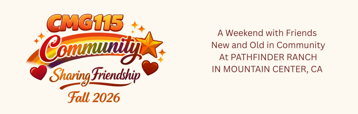 A shooting star with hearts and wording, CMG 115, Community Sharing Friendship, California Men's Gatherings, Fall 2026, thecmg.org