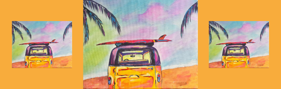 3 repeats of same image of a colorful vintage van with a surfboard on top rests by the beach, surrounded by soft pastel skies and tropical vibes, creating a fun and relaxing seaside scene