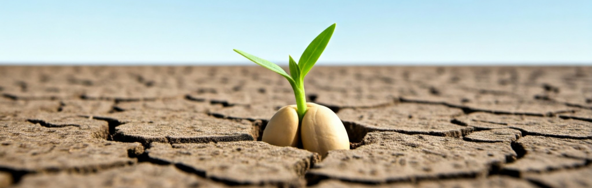 A seed in dry soil starting to germinate