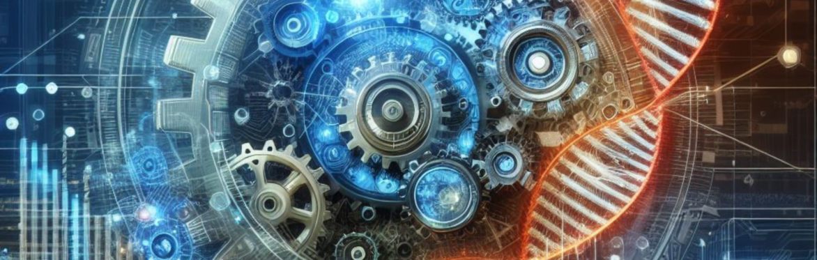 AI generated image with cogs and DNA strand