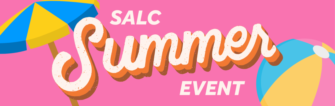 Promotional image for the SALC Summer Event, with an illustration of a parasol, deck chair and beach ball