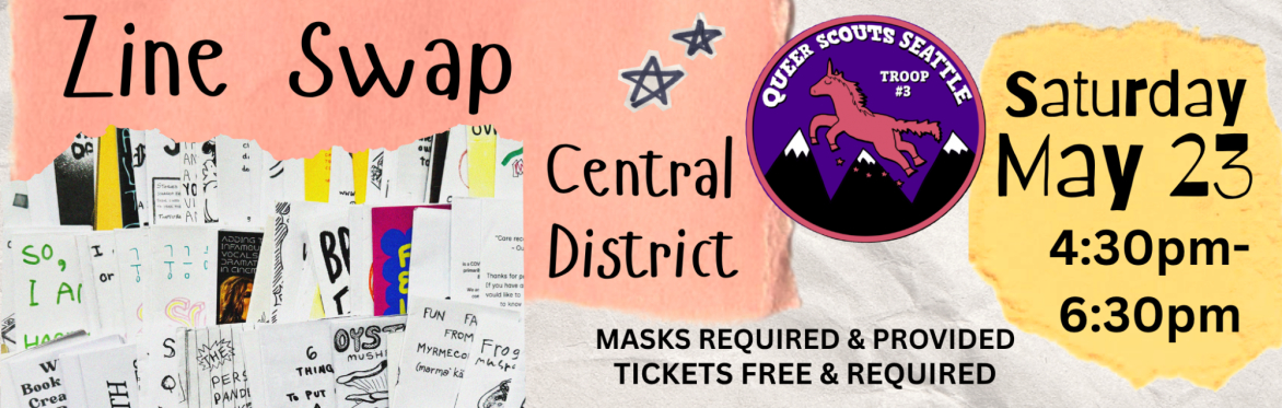 Background is stylized torn paper in peach, white, and yellow. Image on left depicts zines on a multitude of topics fanned out over four rows. Queer Scouts logo in middle. Text in event description.