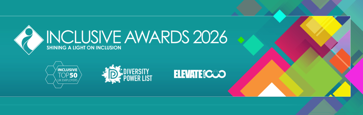 Inclusive Awards 2026 logo layered on multi-coloured background accompanied by the IT50, Diversity Power List and Elevate 1000 logos