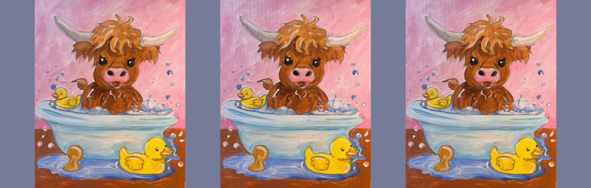3 repeats of same image of an adorable brown cow enjoys a bubbly bath with two yellow ducks, making for a cute and playful scene full of charm.