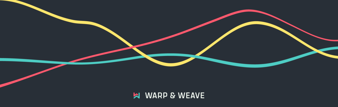 A dark blue-grey field with 3 interweaving lines of magenta, cyan and yellow. A small logo underneath with the Warp & Weave wordmark