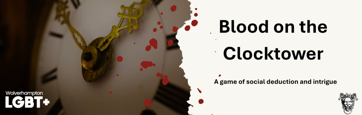 A dark and ominous image of a clockface with the text Blood On The Clocktower. A blood splatter bridges the text and the clock.