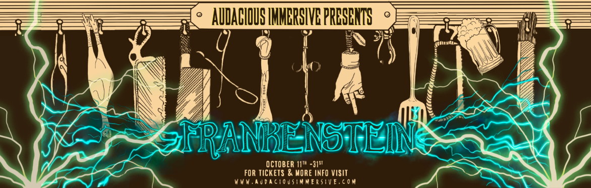 A row of body parts and medical lab equipment hangs over the title "Frankenstein"