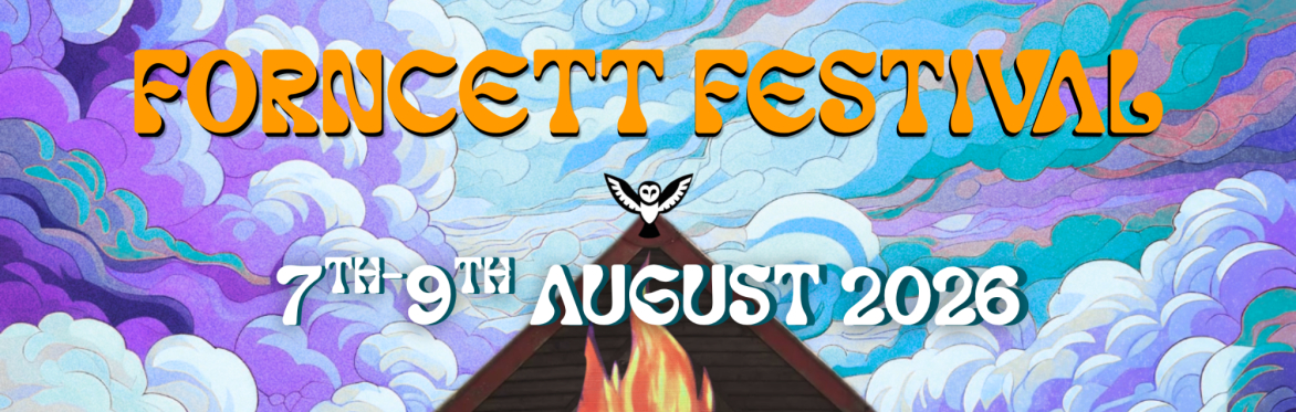 Yellow text that says 'Forncett Festival' above a black and white icon of an owl with its wings spread, perched on a triangle roof. Below is a painted fire, and on top of this it says '7th - 9th AUG'