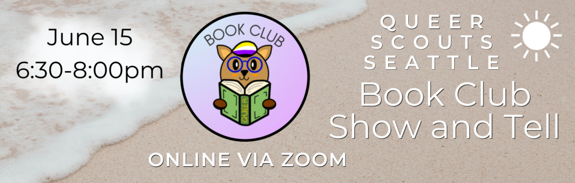Background shows sandy beach. White outline of sun in upper right. Book club logo in the center. Text in event description.