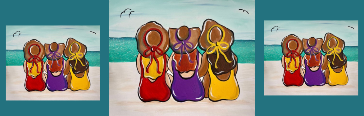 3 repeats of same image of three colorful beach girls wearing sun hats stand side by side by the shore, creating a fun, cheerful, and carefree summer scene.
