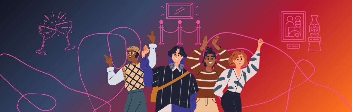 An illustration of four smiling people in front of a gradient background.